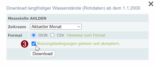 csv- und json-Format. Nutzungsbedingungen akzeptieren